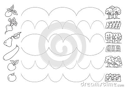 Tracing Practice Directions: Trace each dotted line form the vegetable Â  to the place where they grew Vector Illustration